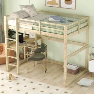 Hoogslaper 140×200 cm, houtkleur, kinderbed met bureau en plank, zonder matras