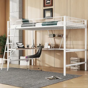 Hoogslaper 90 x 200 cm, Tienerbed met L-vormig bureau en plank, wit, zonder matras