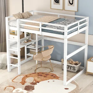 Hoogslaper 140×200 cm, wit, kinderbed met bureau en plank, zonder matras Hoogslaper 140×200 cm, wit, kinderbed met bureau en plank, zonder matras