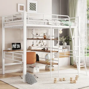 Hoogslaper 90 x 200 cm – Kinderbed met bureau en opbergplank – wit – zonder matras Hoogslaper 90 x 200 cm – Kinderbed met bureau en opbergplank – wit – zonder matras