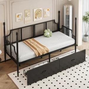 IJzeren slaapbank – 90 x 200 cm – vintage stijl mesh rugleuning en armleuningen + 2 opbergvakken – metaal – zwart IJzeren slaapbank – 90 x 200 cm – vintage stijl mesh rugleuning en armleuningen + 2 opbergvakken – metaal – zwart