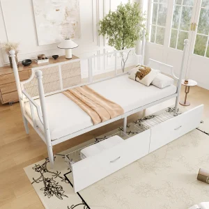 IJzeren slaapbank – 90 x 200 cm – vintage stijl mesh rugleuning en armleuningen + 2 opbergvakken – metaal – wit IJzeren slaapbank – 90 x 200 cm – vintage stijl mesh rugleuning en armleuningen + 2 opbergvakken – metaal – wit