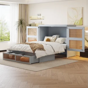 Jeugdbed Murphy – 140 x 200 cm – Wandgemonteerd hefbed met opberglades – Grenen + multiplex + MDF – Grijs