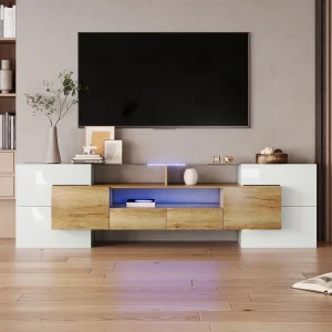 Hoogglans witte tv-standaard 200 x 30 x 60,7 cm, twee lades, 6 deuren, ledverlichting, woonkamermeubel