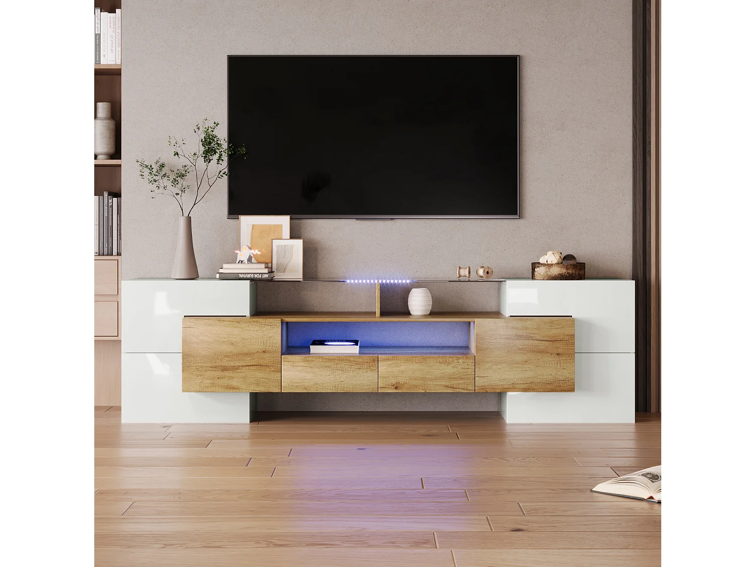 Hoogglans witte tv-standaard 200 x 30 x 60,7 cm, twee lades, 6 deuren, ledverlichting, woonkamermeubel