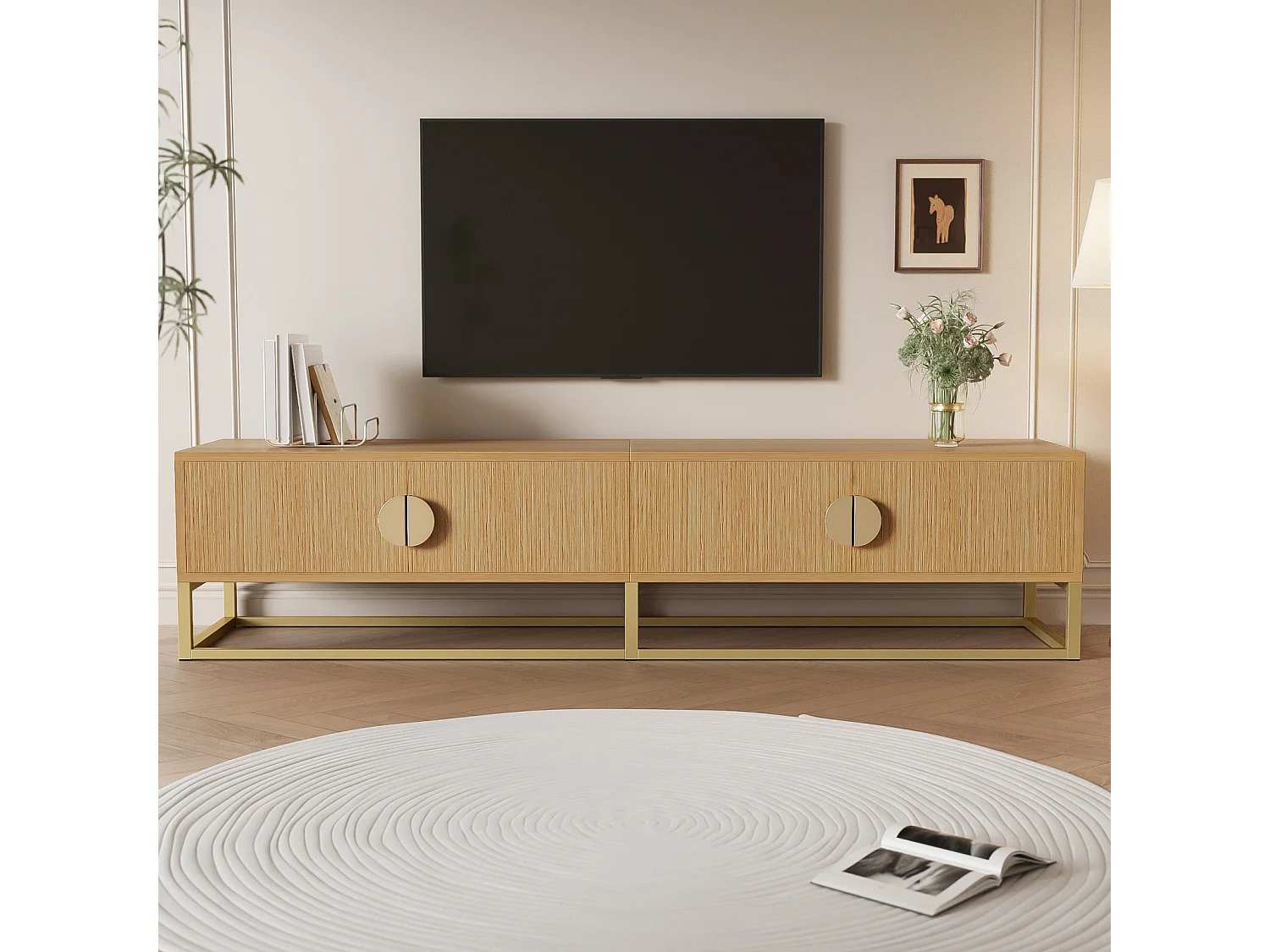 Houten tv-meubel met 4 deuren, halfronde handgrepen, modern opbergmeubel voor de woonkamer