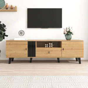 Houten en zwarte tv-standaard, 170 x 40 x 50 cm, dressoir met vijf opbergvakken en een lade.