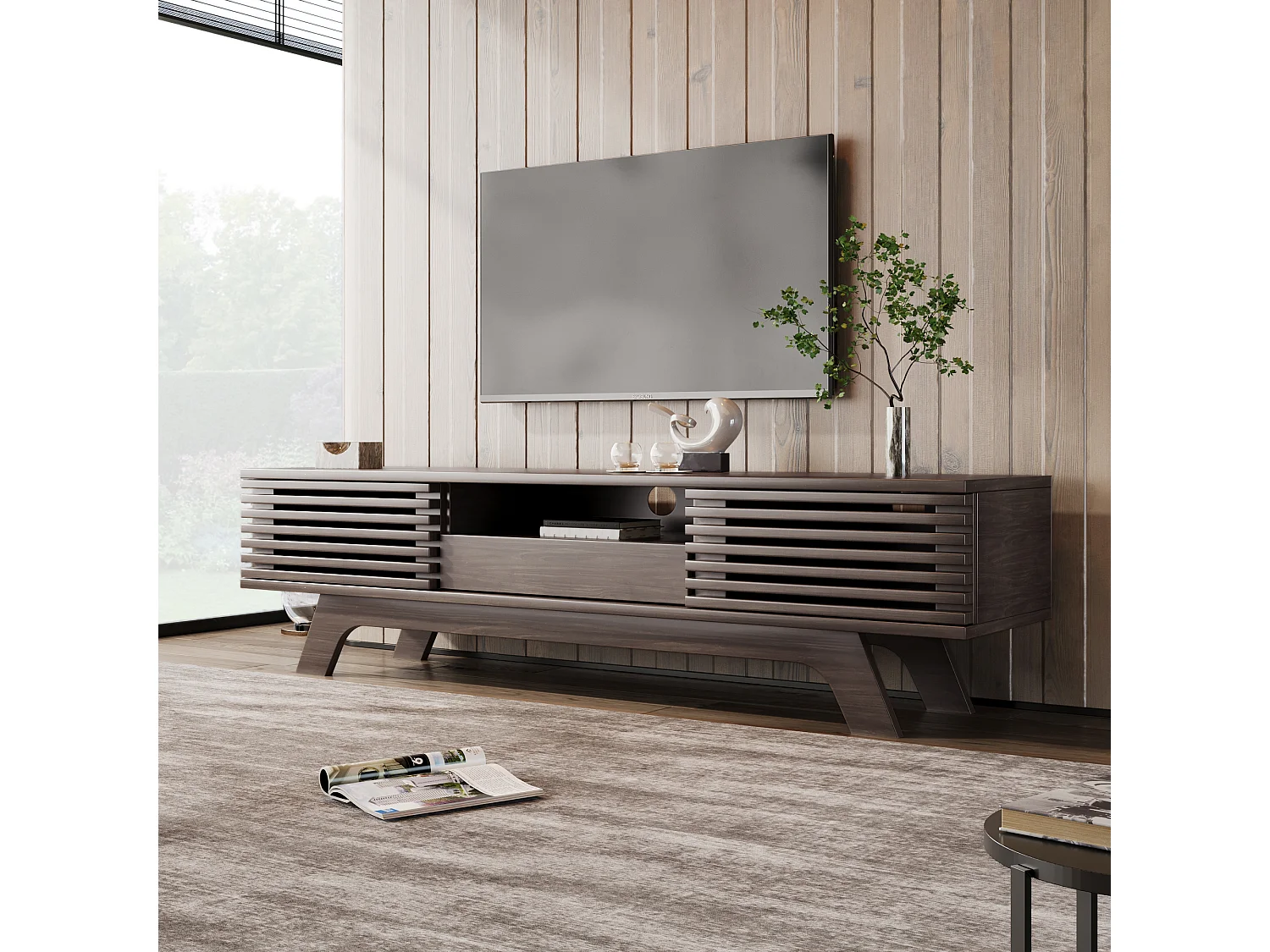 Houten tv-meubel, tv-kast met één lade en twee deuren, laag tv-dressoir voor de woonkamer, 150 x 35 x 44 cm