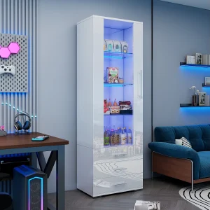 Hoge vitrinekast met 3 lades en 1 deur, wit gelakt MDF-frame, inclusief LED-verlichting – 60x35x180cm Hoge vitrinekast met 3 lades en 1 deur, wit gelakt MDF-frame, inclusief LED-verlichting – 60x35x180cm
