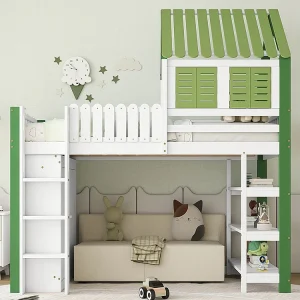 Hoogslaper voor kinderen 90 x 200 cm, met veiligheidshekken, dak, raam, trap, wit + groen Hoogslaper voor kinderen 90 x 200 cm, met veiligheidshekken, dak, raam, trap, wit + groen