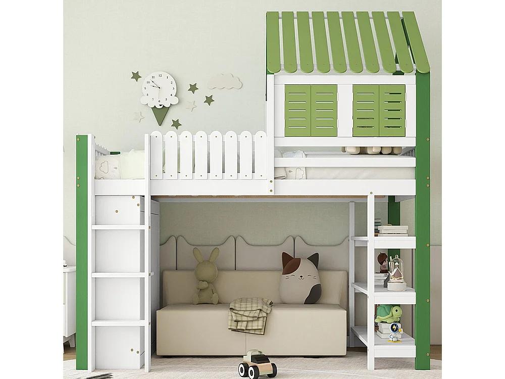 Hoogslaper voor kinderen 90 x 200 cm, met veiligheidshekken, dak, raam, trap, wit + groen
