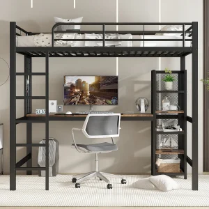 IJzeren hoogslaper – 90 x 200 cm – met tafel en opbergplanken – MDF + metaal – Zwart IJzeren hoogslaper – 90 x 200 cm – met tafel en opbergplanken – MDF + metaal – Zwart