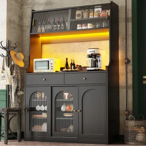 Hoge keukenkast – 120 x 40 x 180 cm – met verstelbare planken + 2 lades + 3 deuren + LED's – MDF + PB – zwart Hoge keukenkast – 120 x 40 x 180 cm – met verstelbare planken + 2 lades + 3 deuren + LED's – MDF + PB – zwart