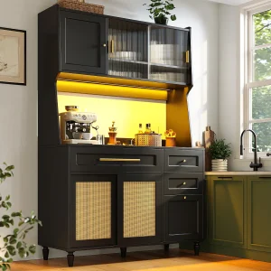 Hoge keukenkast – 120 x 45 x 195,5 cm – met verstelbare planken + 3 lades + 3 deuren + LED's – MDF + PE rotan – zwart Hoge keukenkast – 120 x 45 x 195,5 cm – met verstelbare planken + 3 lades + 3 deuren + LED's – MDF + PE rotan – zwart
