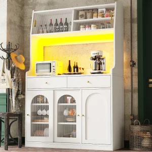 Hoge keukenkast – 120 x 40 x 180 cm – met verstelbare planken + 2 lades + 3 deuren + LED's – MDF + PB – wit Hoge keukenkast – 120 x 40 x 180 cm – met verstelbare planken + 2 lades + 3 deuren + LED's – MDF + PB – wit