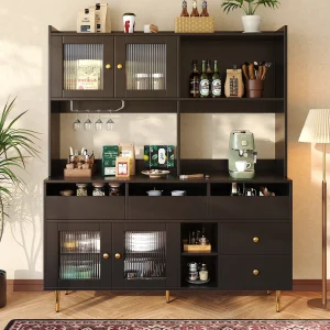 Hoge keukenkast – 145 x 39 x 171 cm – met 4 glazen deuren + 5 laden – MDF – wit Hoge keukenkast – 145 x 39 x 171 cm – met 4 glazen deuren + 5 laden – MDF – wit