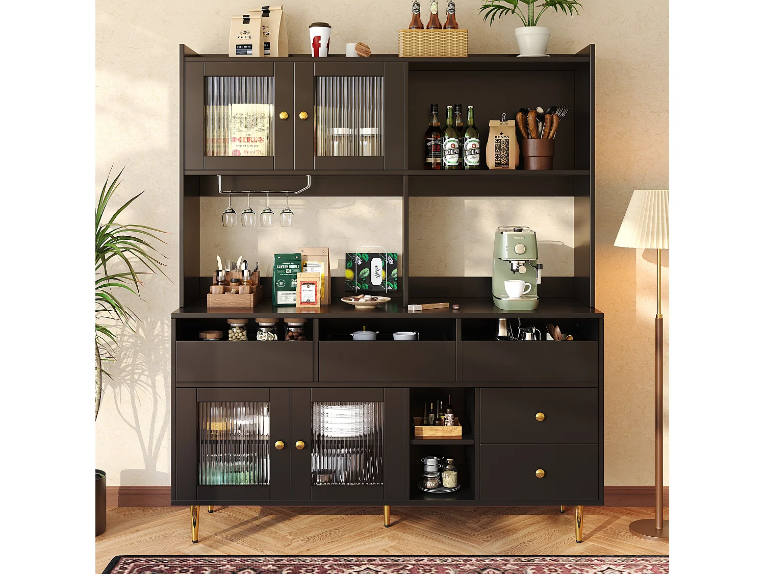 Hoge keukenkast - 145 x 39 x 171 cm - met 4 glazen deuren + 5 laden - MDF - wit