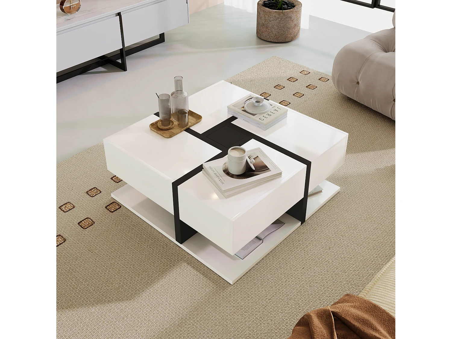 Hoogglans salontafel met 4 lades - 78 x 78 x 36 cm - opbergruimte eronder - spaanplaat - wit