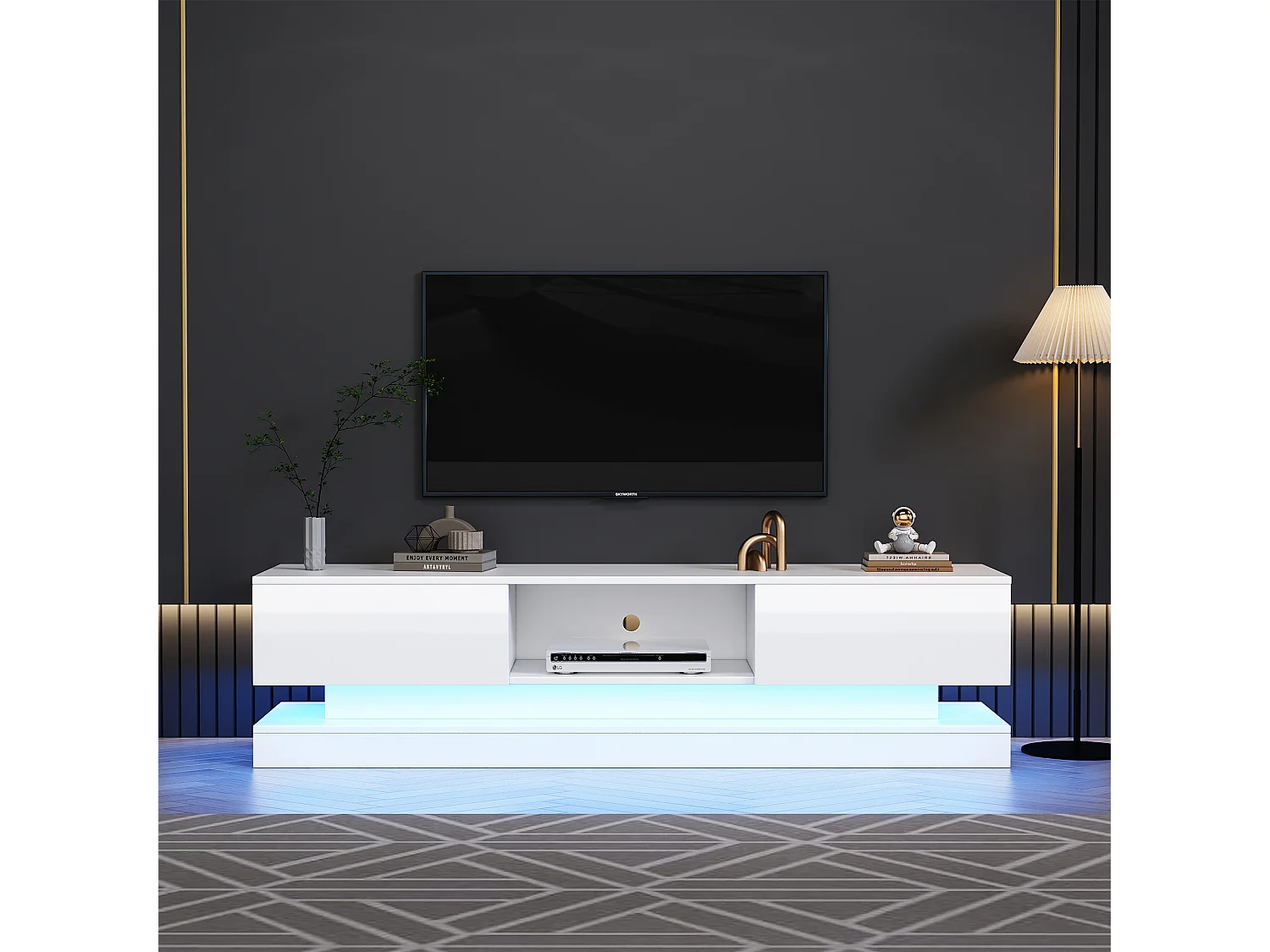 Hoogglans tv-standaard, led, 160 cm, 2 lades, app-bediening, anti-kantelontwerp, wit (160 x 35 x 40,5 cm)