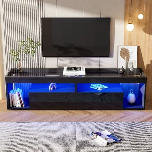 Hoog gelakte tv-kast met led, voor tv's tot 70 inch, met 2 lades, spaanplaatmateriaal, zwart (180x40x46cm) Hoog gelakte tv-kast met led, voor tv's tot 70 inch, met 2 lades, spaanplaatmateriaal, zwart (180x40x46cm)