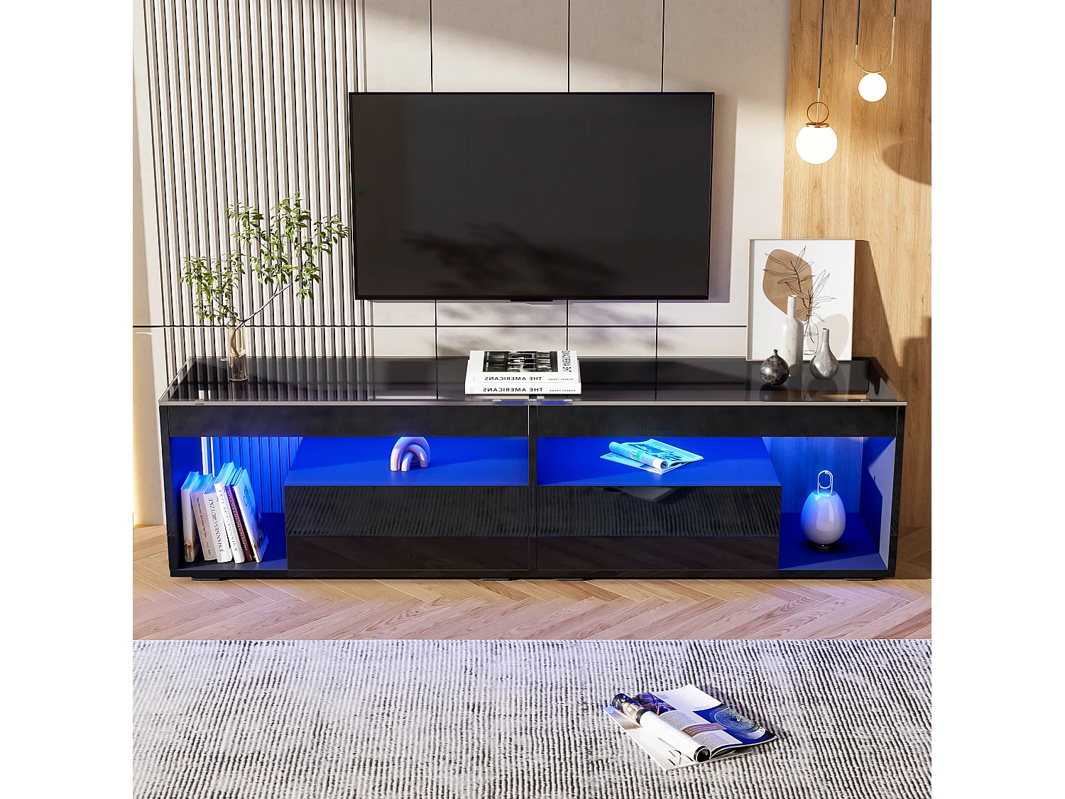 Hoog gelakte tv-kast met led, voor tv's tot 70 inch, met 2 lades, spaanplaatmateriaal, zwart (180x40x46cm)