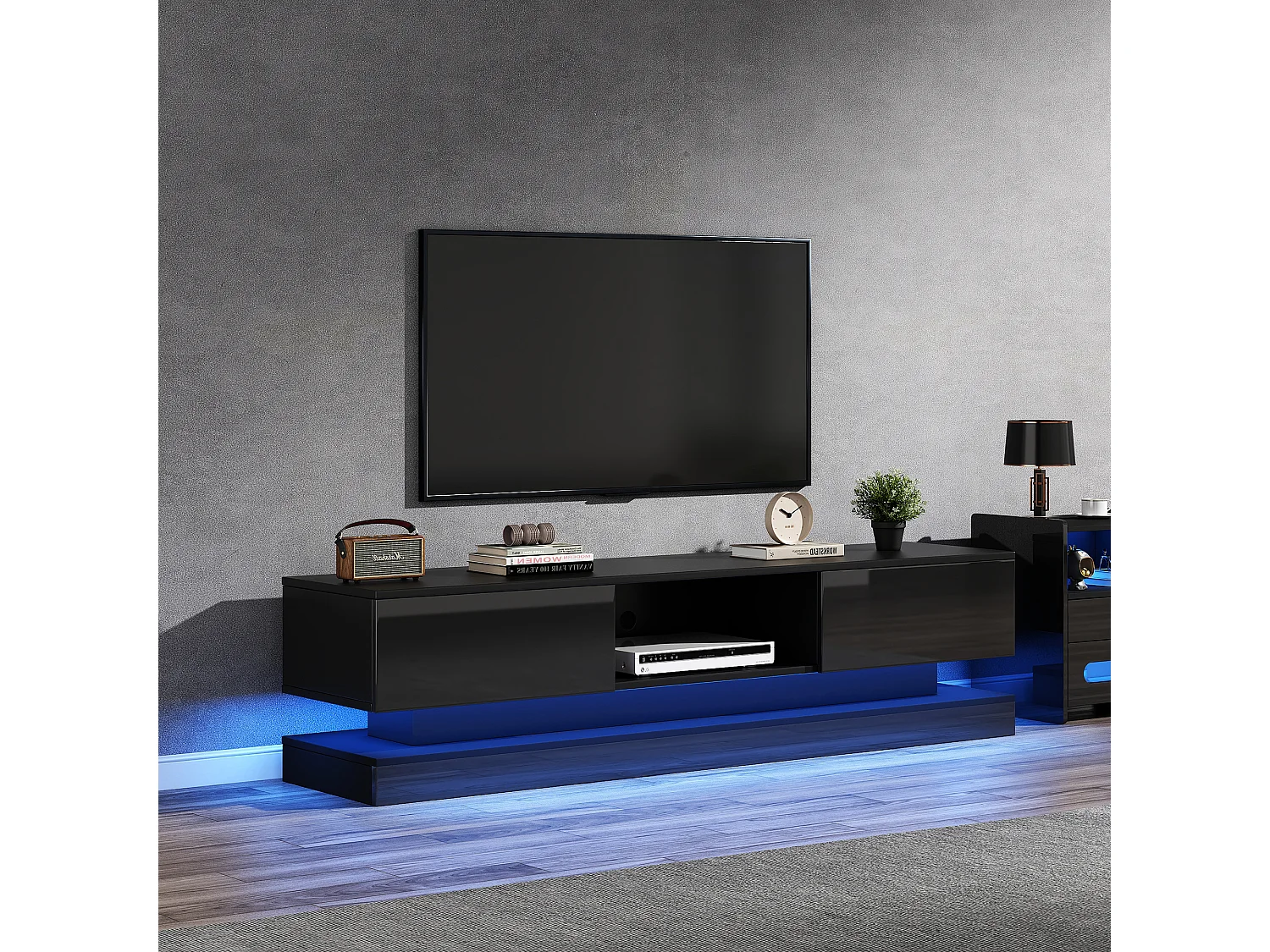 Hoogglans tv-meubel, LED, 160 cm, 2 lades, app-bediening, zwart design (160 x 35 x 40,5 cm)