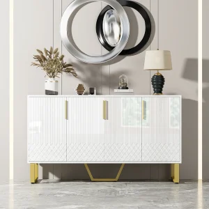 Hoogglanzend dressoir met vier deuren, metalen handgrepen en poten, voor de eetkamer. Hoogglanzend dressoir met vier deuren, metalen handgrepen en poten, voor de eetkamer.