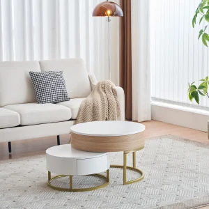 In hoogte verstelbare salontafel, moderne woonkamertafel met 2 lades, wit en houtkleur In hoogte verstelbare salontafel, moderne woonkamertafel met 2 lades, wit en houtkleur