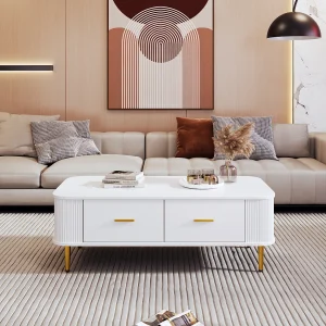 Houten salontafel met 4 lades, afgeronde hoeken, gouden handgrepen en poten, wit Houten salontafel met 4 lades, afgeronde hoeken, gouden handgrepen en poten, wit