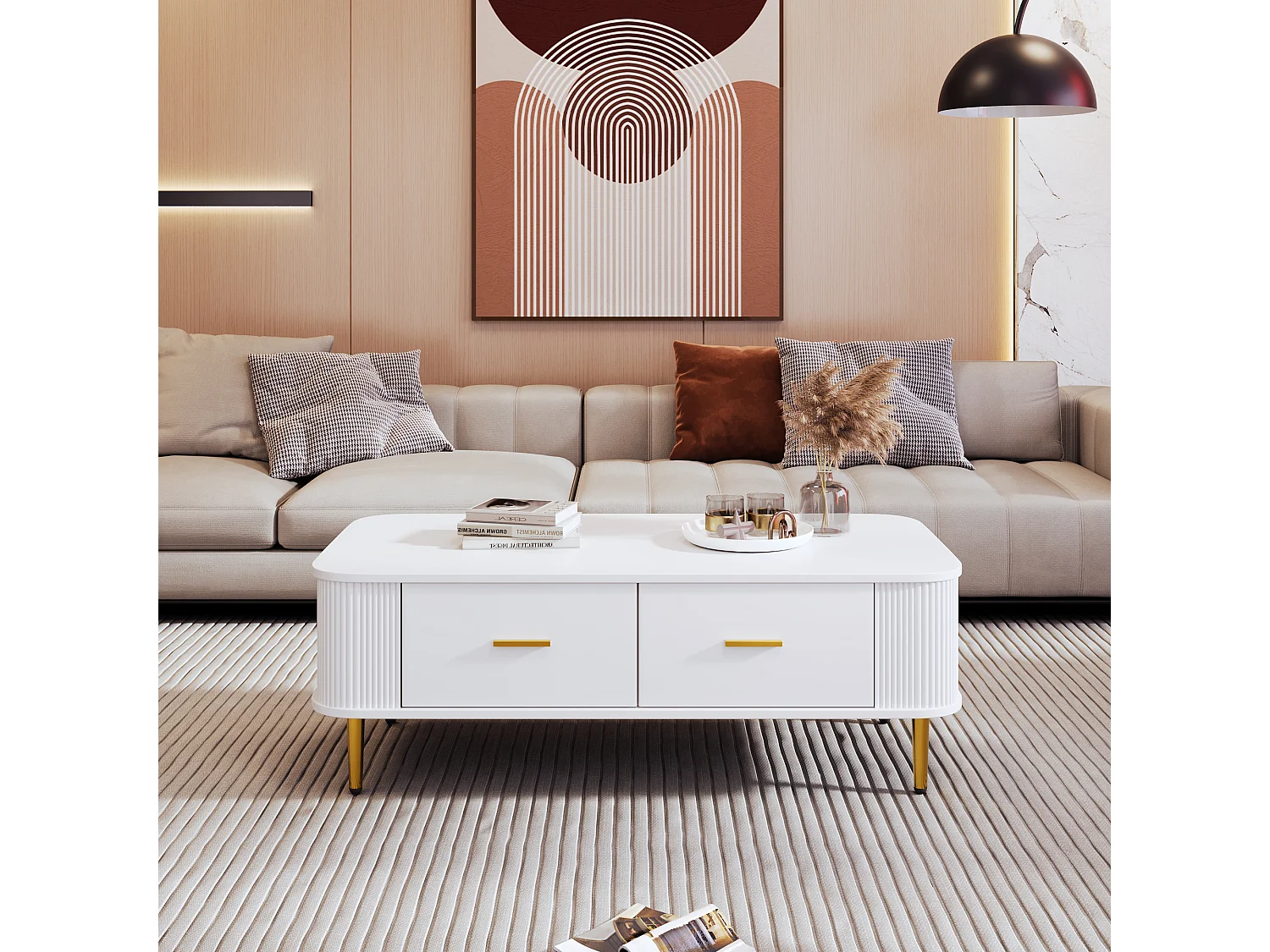 Houten salontafel met 4 lades, afgeronde hoeken, gouden handgrepen en poten, wit