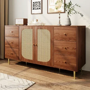 Houten dressoir met rotandeuren, modern design, MDF, bruin, (160x40x90 cm)