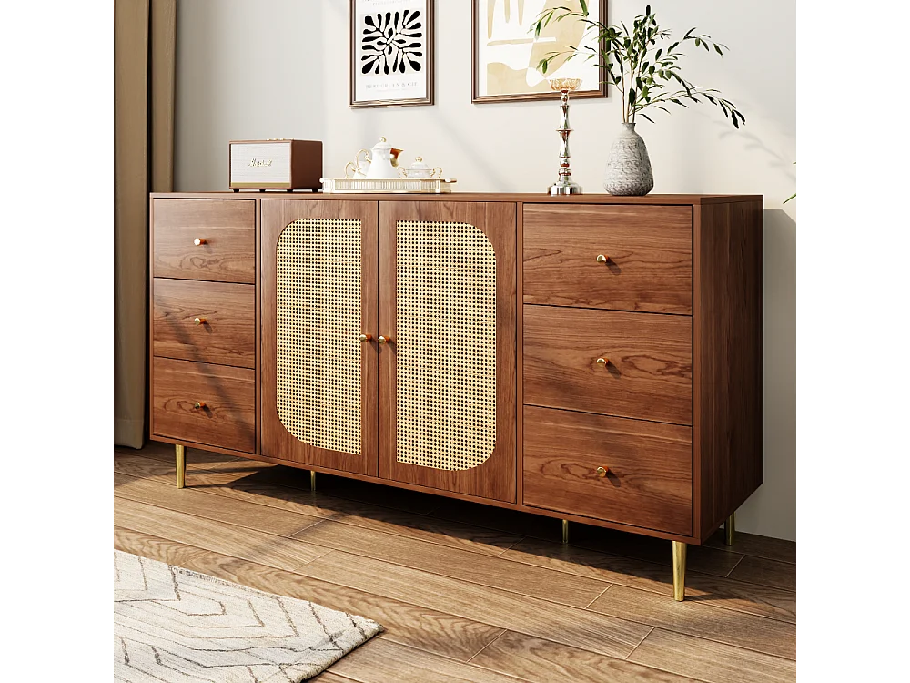 Houten dressoir met rotandeuren, modern design, MDF, bruin, (160x40x90 cm)