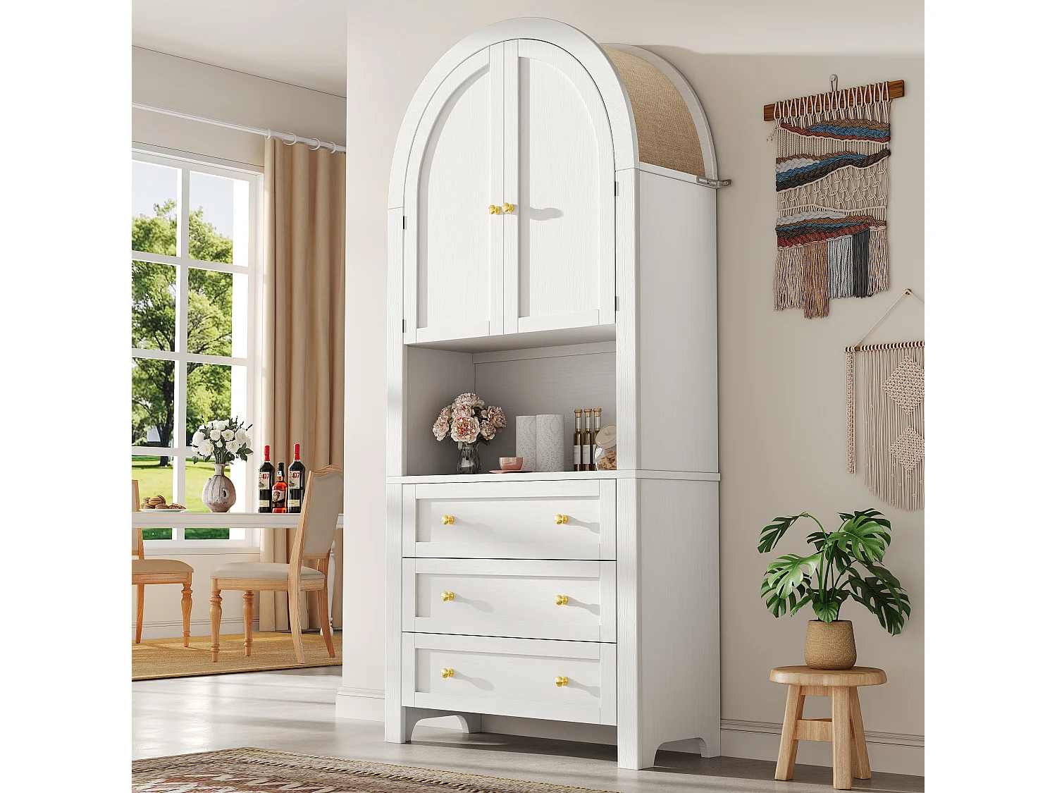 Hoge opbergkast met gebogen deuren en lades, open planken, MDF, wit (70x35x180 cm)