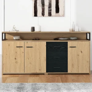 Industrieel dressoir met 3 deuren en 3 laden, opbergmeubel, met metalen handgrepen, van spaanplaat (150x35x75,9 cm) Industrieel dressoir met 3 deuren en 3 laden, opbergmeubel, met metalen handgrepen, van spaanplaat (150x35x75,9 cm)