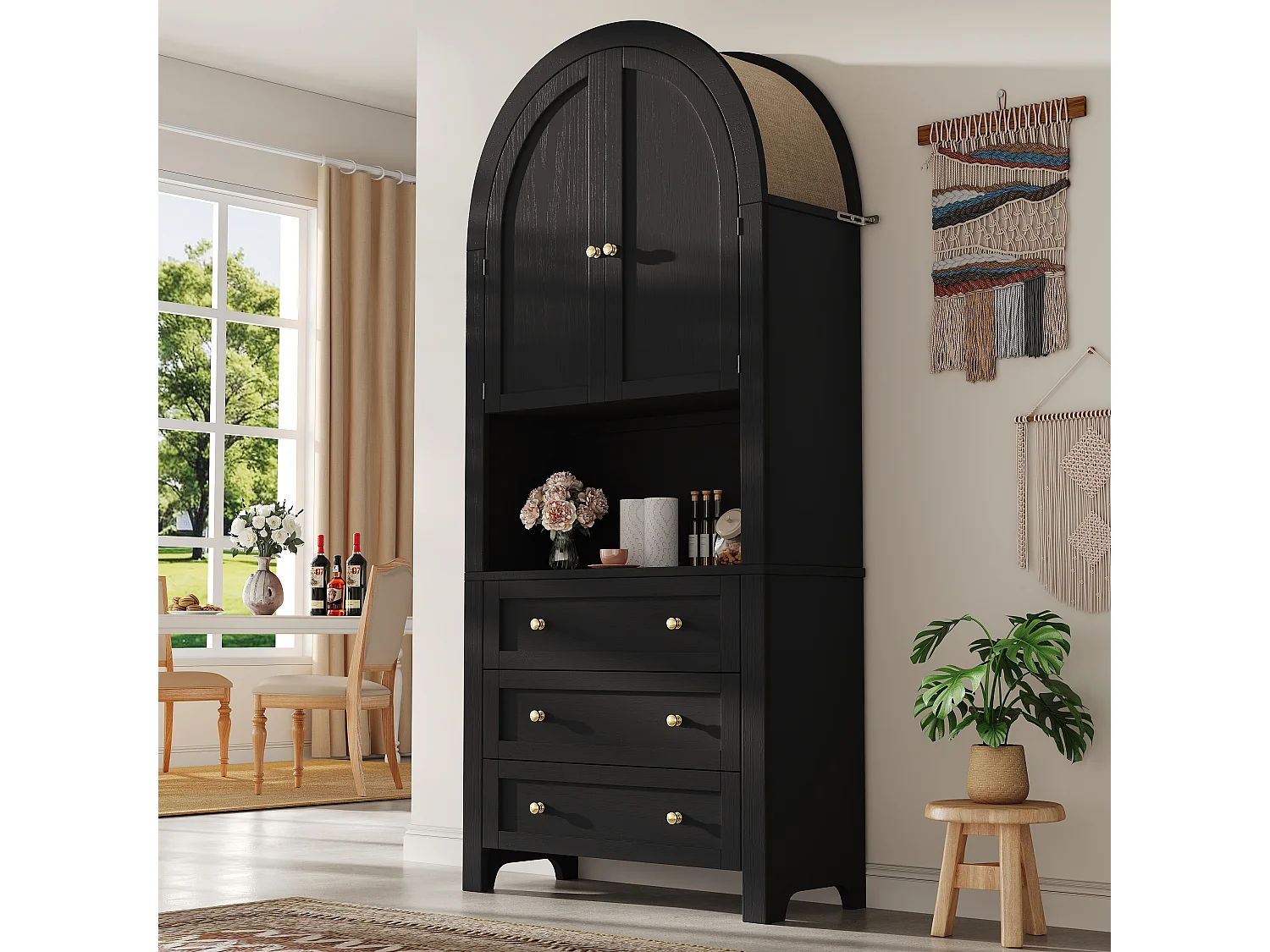 Hoge opbergkast met gebogen deuren en lades, open planken, MDF, zwart (70x35x180 cm)