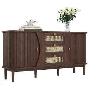 Houten dressoir met 3 rotan schuifdeuren, 2 lades, verstelbare planken (140,5x40x76 cm) Houten dressoir met 3 rotan schuifdeuren, 2 lades, verstelbare planken (140,5x40x76 cm)