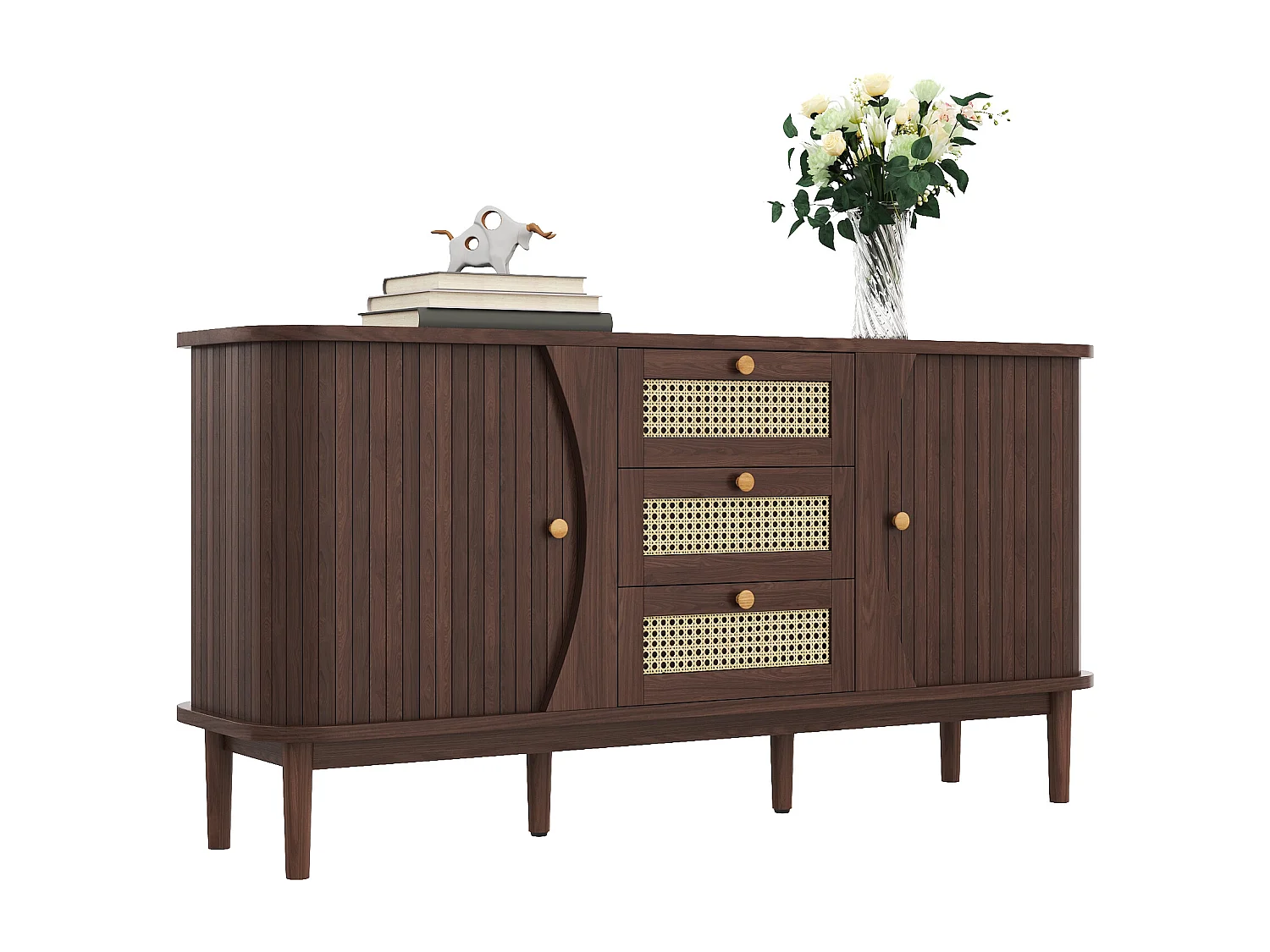Houten dressoir met 3 rotan schuifdeuren, 2 lades, verstelbare planken (140,5x40x76 cm)