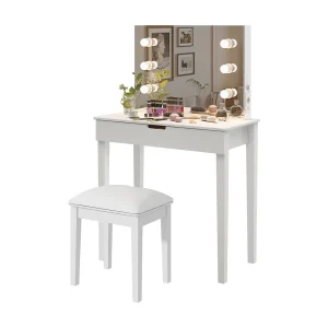 Kaptafel met spiegel en 6 LED-lampen, met kruk, MDF, wit (125x40x80 cm) Kaptafel met spiegel en 6 LED-lampen, met kruk, MDF, wit (125x40x80 cm)