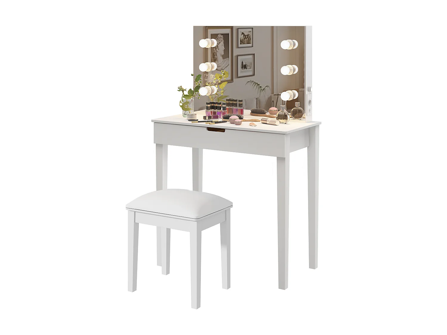 Kaptafel met spiegel en 6 LED-lampen, met kruk, MDF, wit (125x40x80 cm)