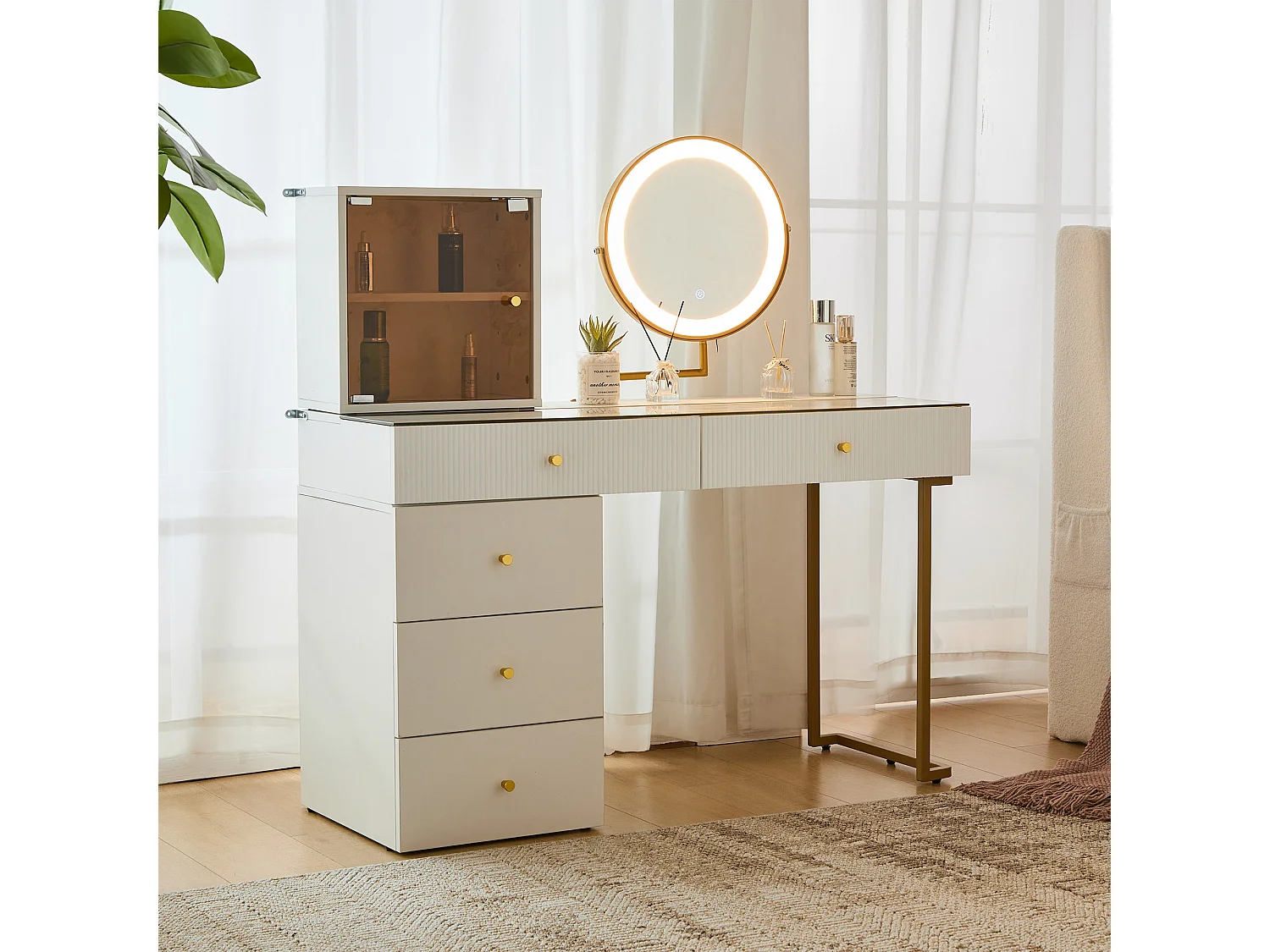 Kaptafel met LED-spiegel, transparant gehard glazen blad, met tafel en kast, elegant meubilair, wit (120x45x115 cm)