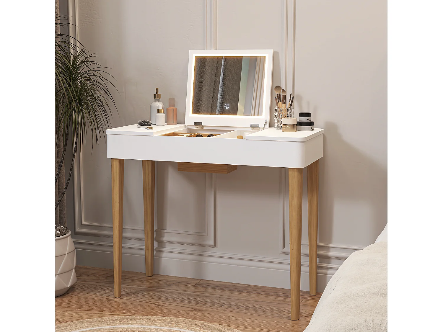 Kaptafel met spiegel en lamp, modern design, MDF, wit (83,6x40x75 cm)