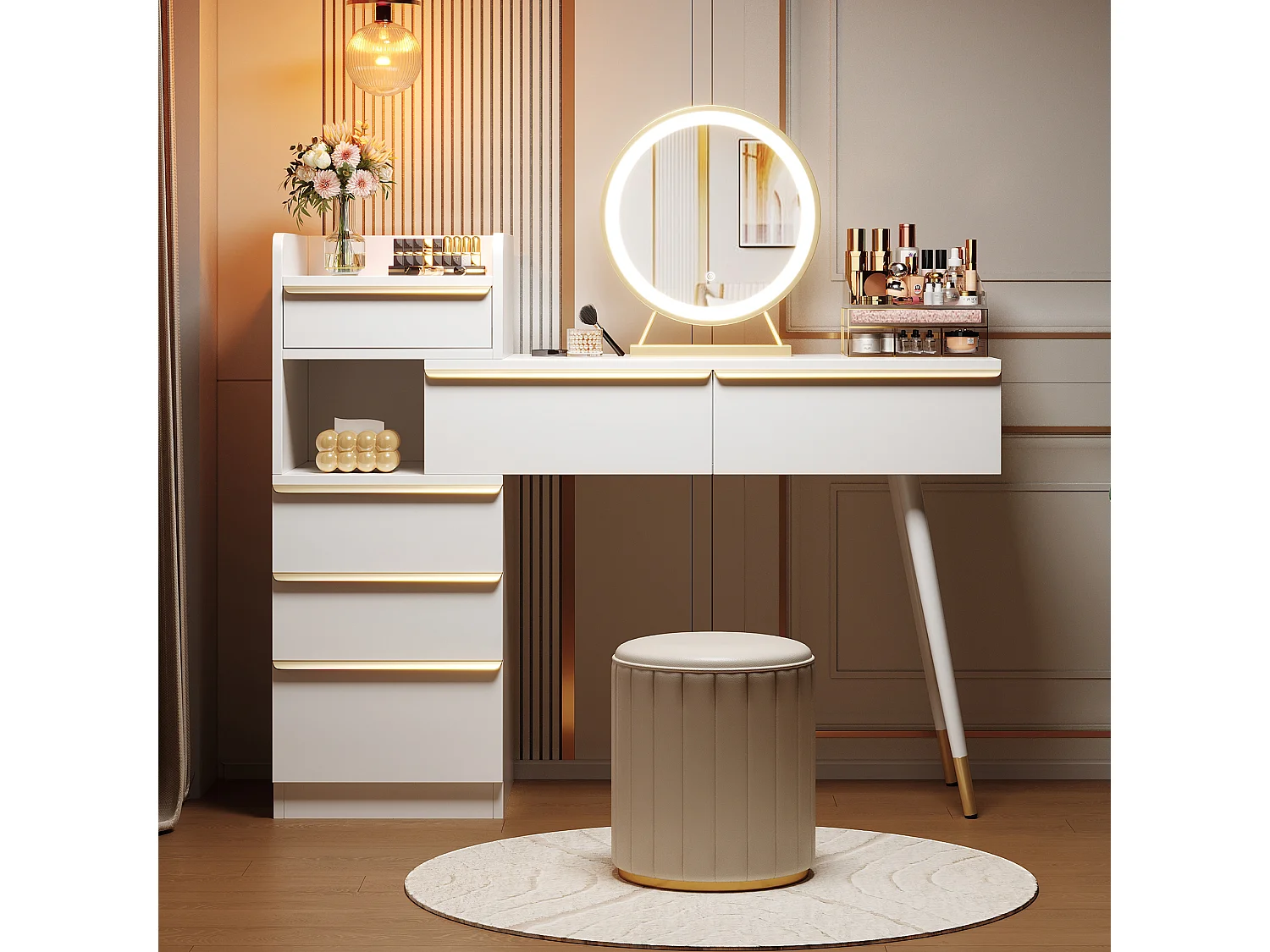 Kaptafel met uitschuifbaar blad, 6 lades, dimbare LED-spiegel, Wit (102x100x41,5 cm)