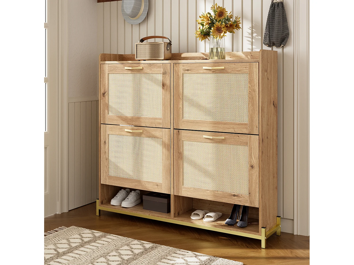 Houten schoenenkast met rotandeuren, metaal, 4 deuren, (108,5x24x100 cm)
