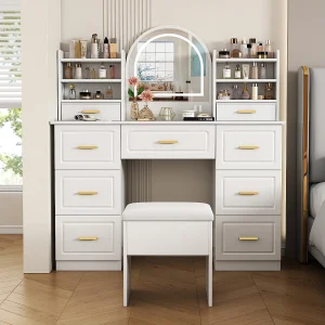 Kaptafel met spiegel, LED, 9 lades, make-uptafel, wit (120x40x135 cm)