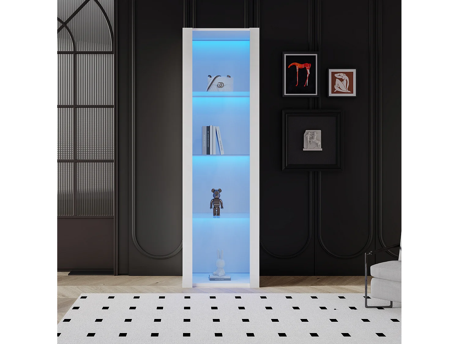 Hoogglans vitrinekast met LED, 3 glazen planken, MDF, wit (55x38x166 cm)