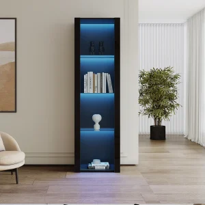 Hoogglans zwarte vitrinekast met LED, 3 glazen planken, MDF, zwart (55x38x166 cm) Hoogglans zwarte vitrinekast met LED, 3 glazen planken, MDF, zwart (55x38x166 cm)