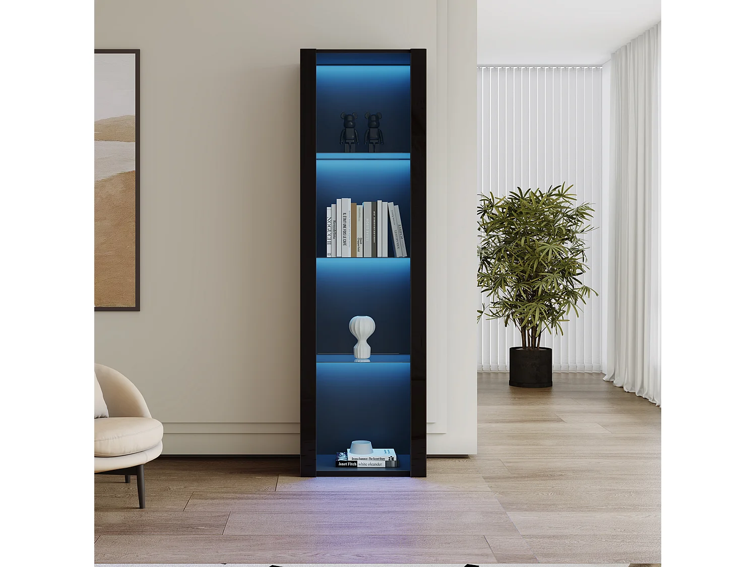 Hoogglans zwarte vitrinekast met LED, 3 glazen planken, MDF, zwart (55x38x166 cm)
