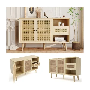 Houten ladekast met rotandeuren, 1 lade en 2 planken, poten van massief hout, metalen handgrepen, 120x40x80 cm Houten ladekast met rotandeuren, 1 lade en 2 planken, poten van massief hout, metalen handgrepen, 120x40x80 cm
