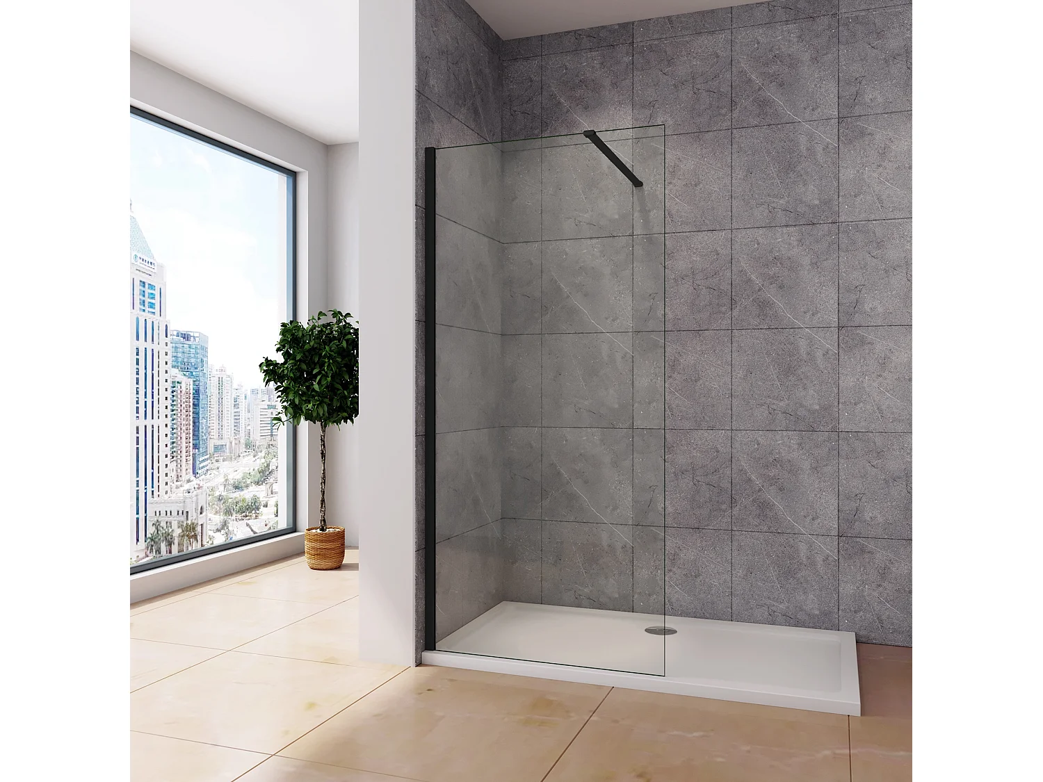 Inloopdouche-douchewand-walk in 10mm NANO EasyClean veiligheidsglas,60x200cm+N-vorm: 90 Stabilisatiestang,mat zwart aluminium profiel.