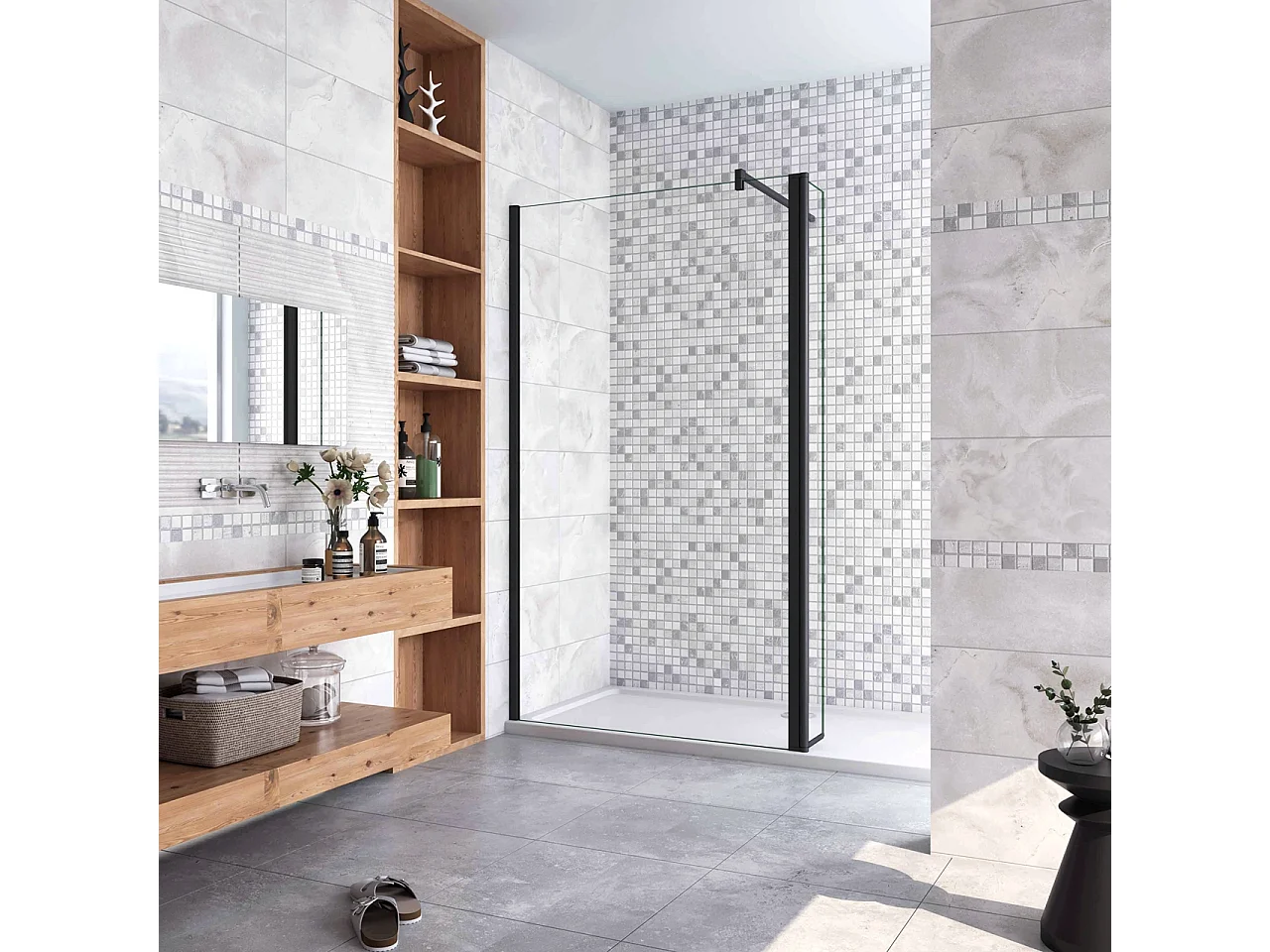 Inloopdouche-douchewand-walk in 8mm NANO EasyClean veiligheidsglas,140x200cm+30x200cm draaibaar hoekprofiel+F-vorm: 90 Stabilisatiestang,mat zwart aluminium profiel